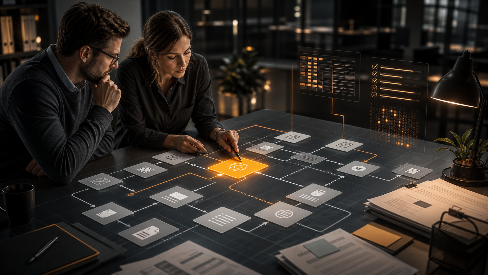 Výběr prvního procesu pro automatizaci ve firmě nad mapou workflow