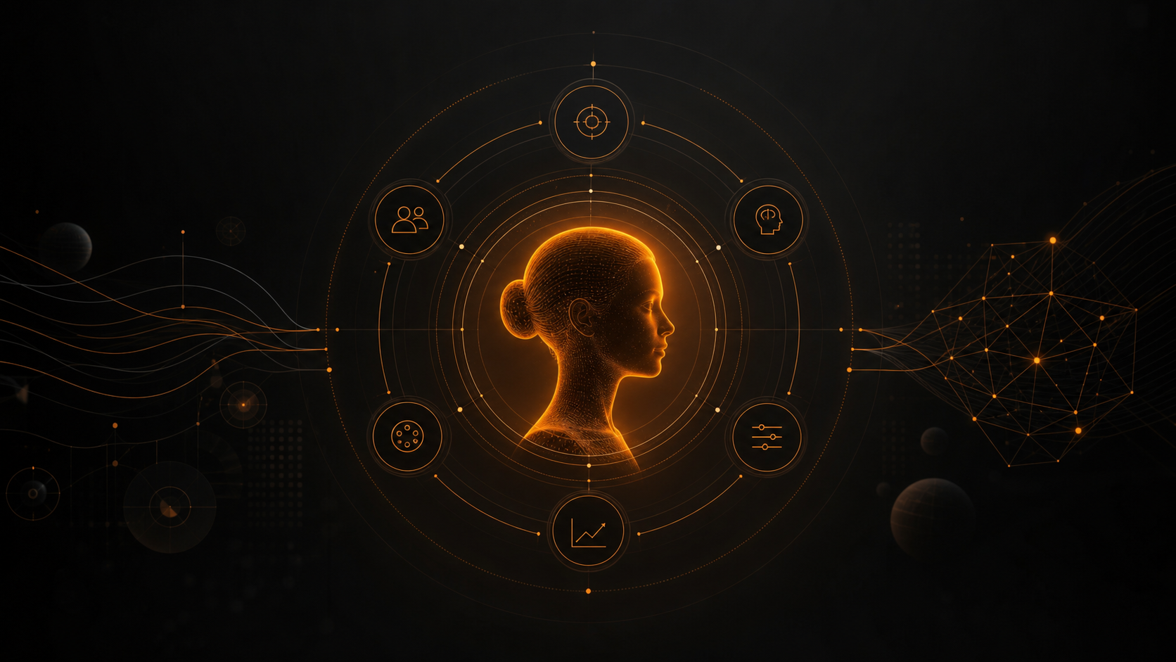 AI avatar obklopený vrstvami marketingového rozhodování